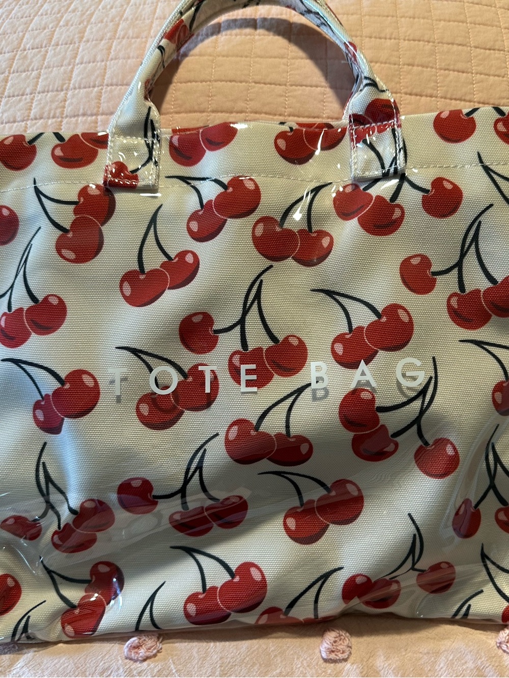 Cherry Print Tote Bag - Cream and Red